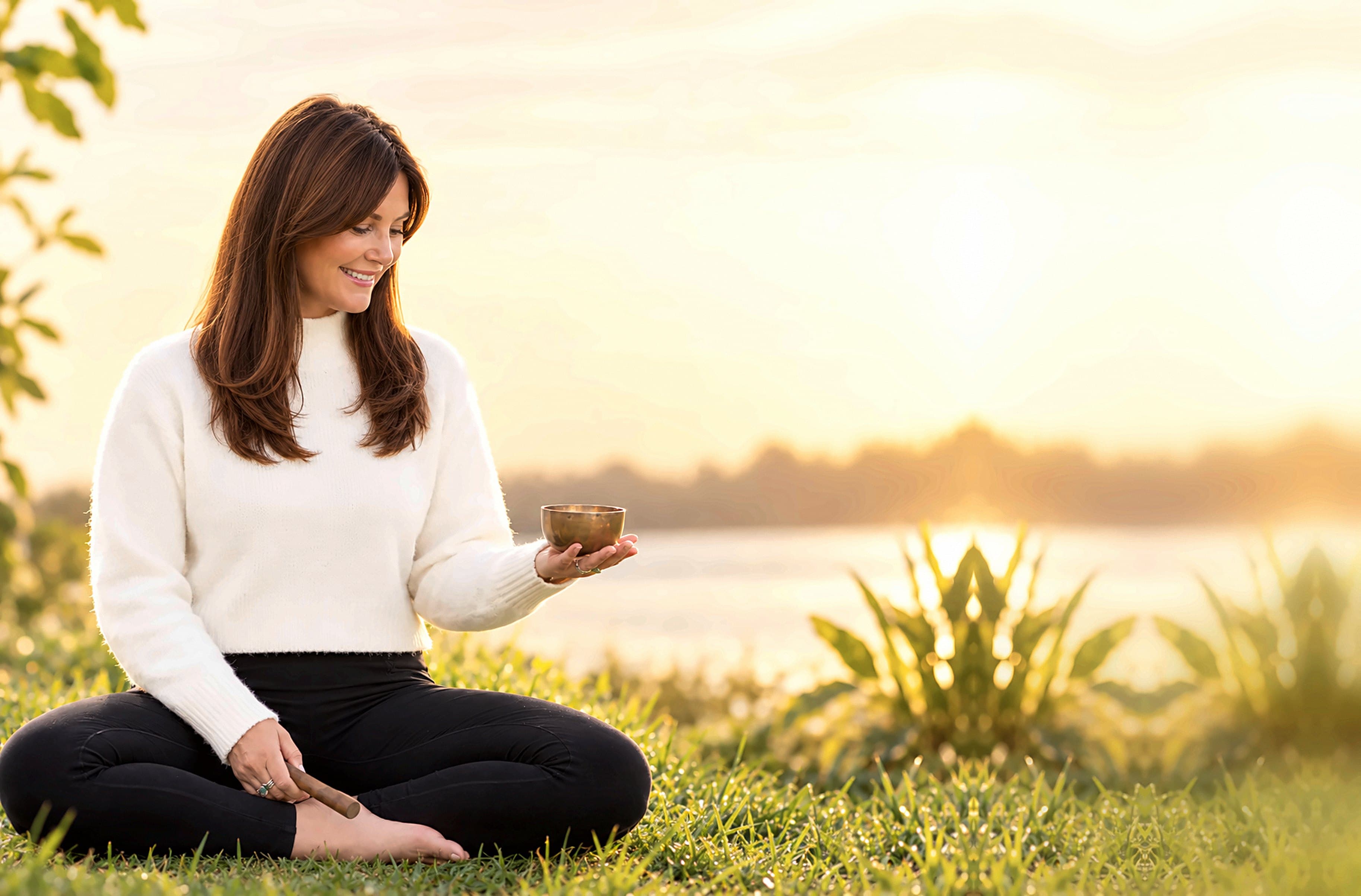 Nic Forshaw sitting on a yoga mat at sunrise, holding a singing bowl